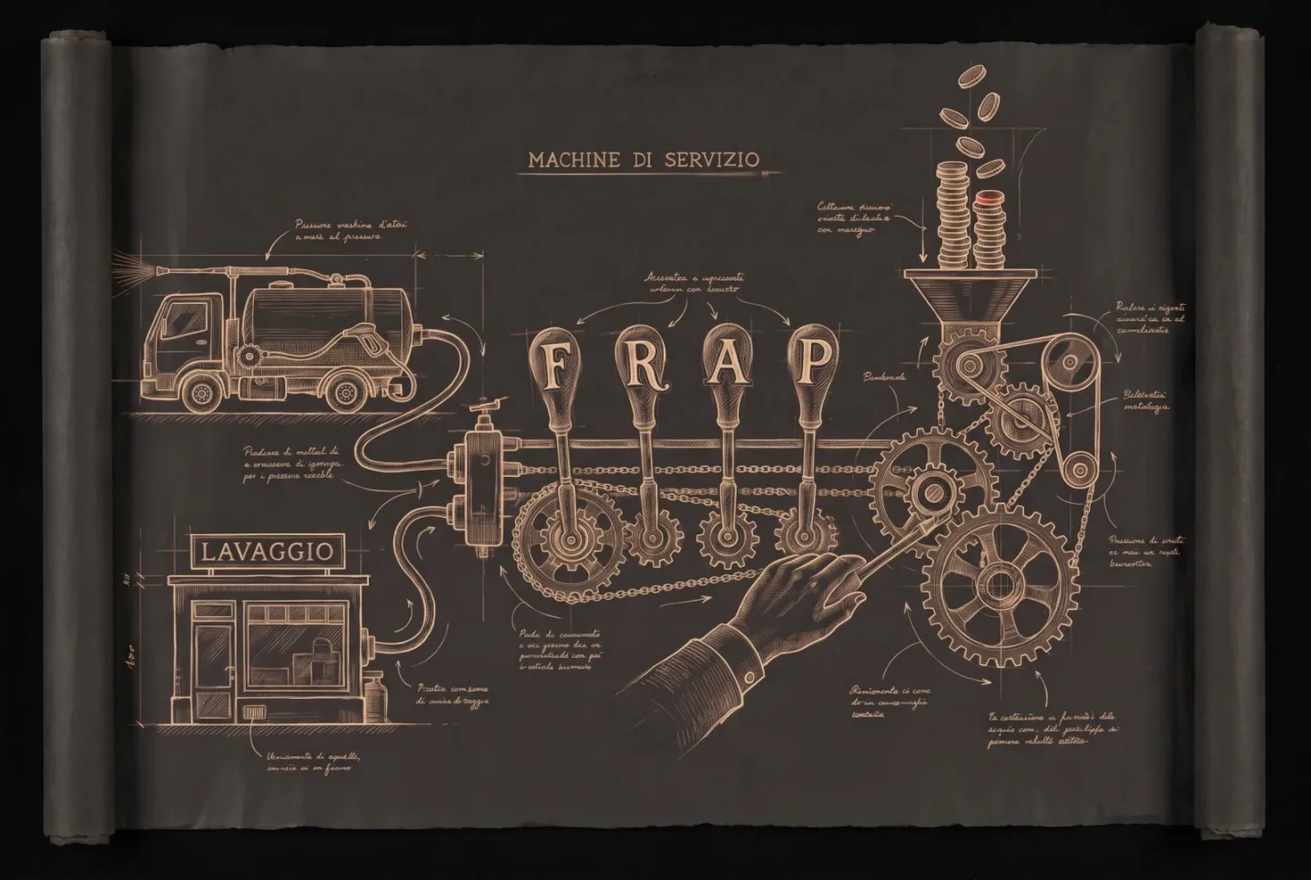 A notebook drawing of a small service business as one machine: four levers, F, R, A and P, turning gears into a rising column of coins.