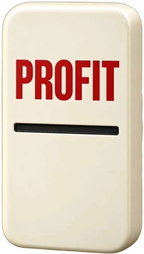 A larger ivory domino with PROFIT in red.