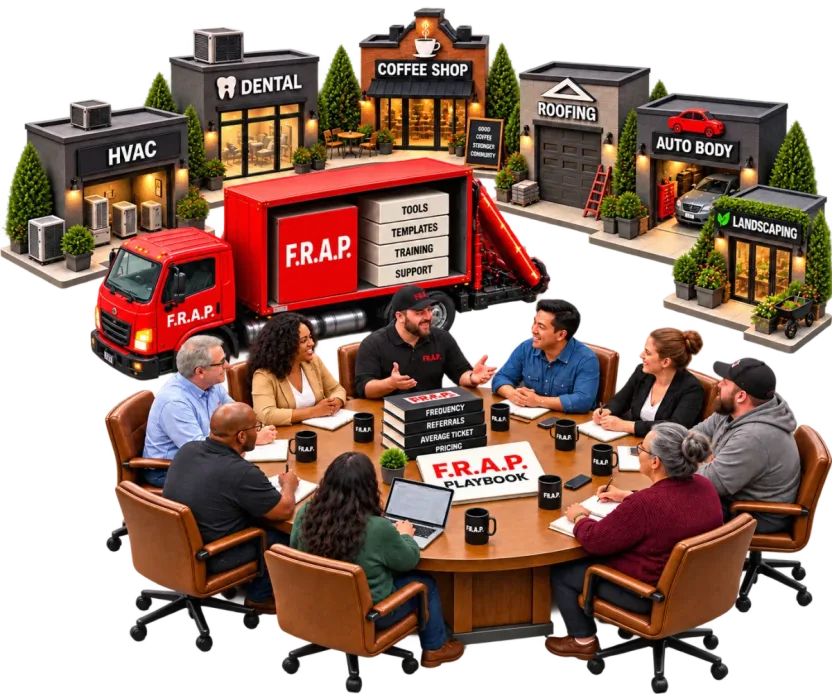 A FRAP leader at a round table of local business owners, the red FRAP truck and their storefronts behind them.