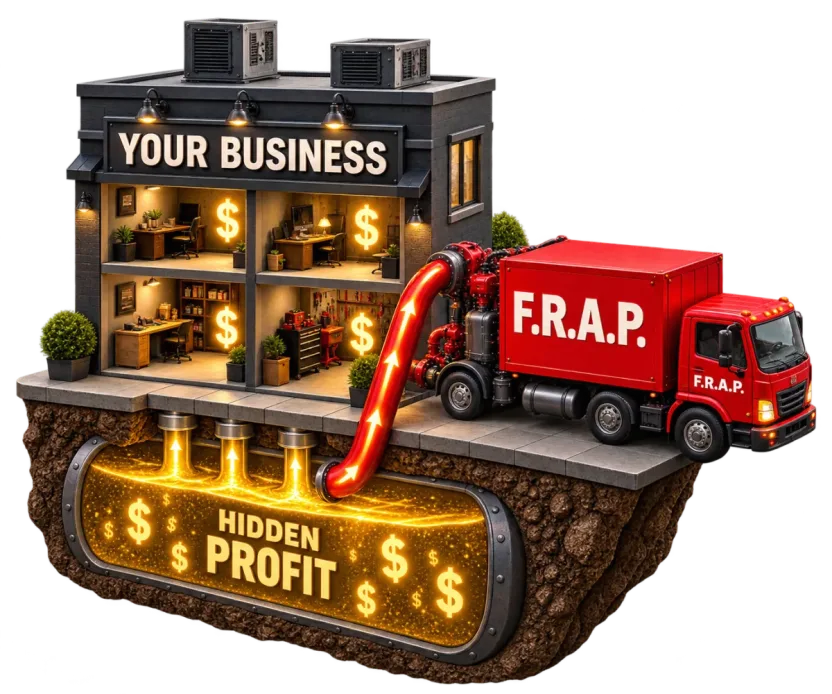 A small business with a hidden tank of profit under the floor, and a red FRAP truck pumping it up.