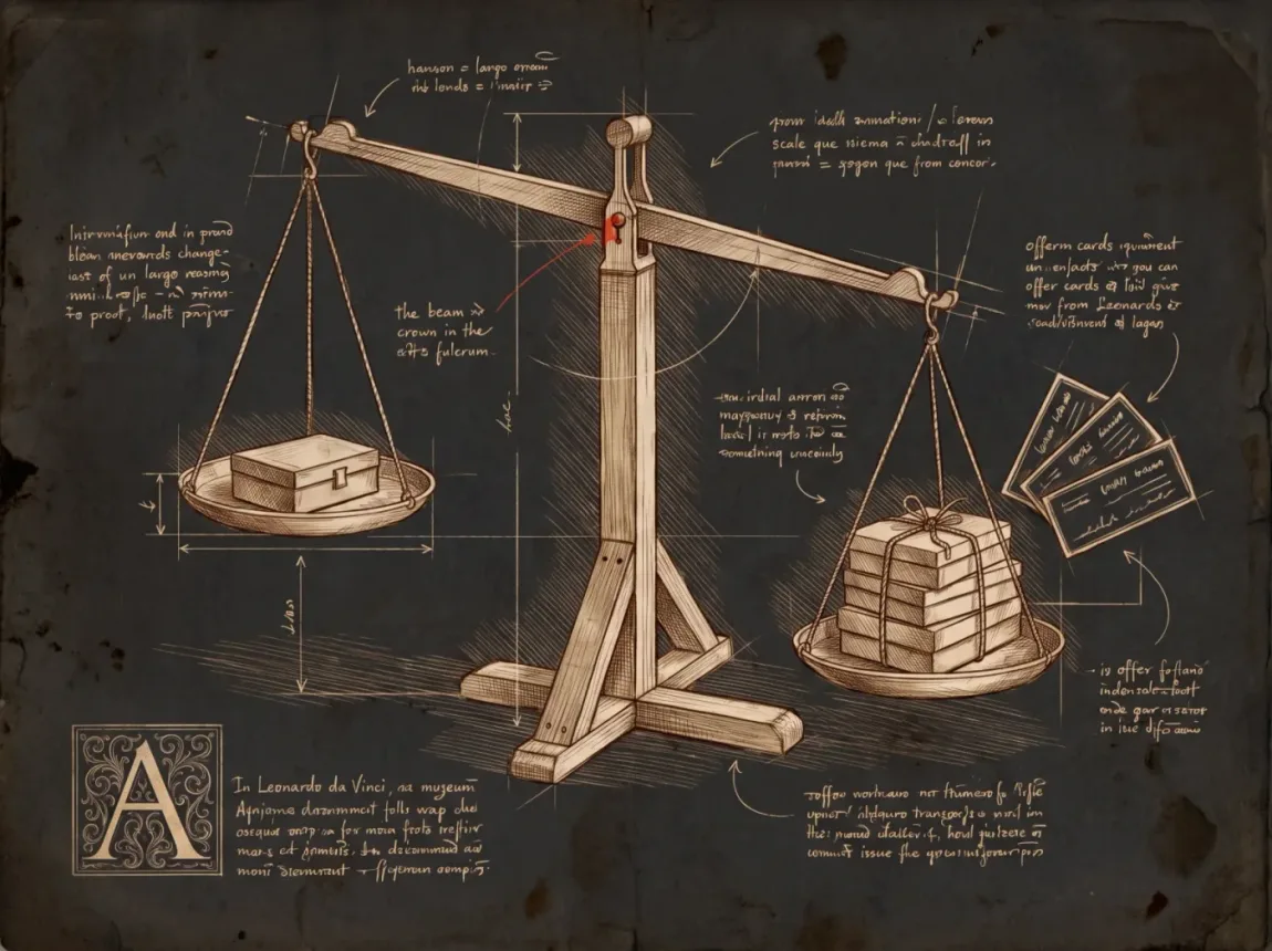 A notebook drawing of a balance scale tipping toward a bundled offer over a single box.