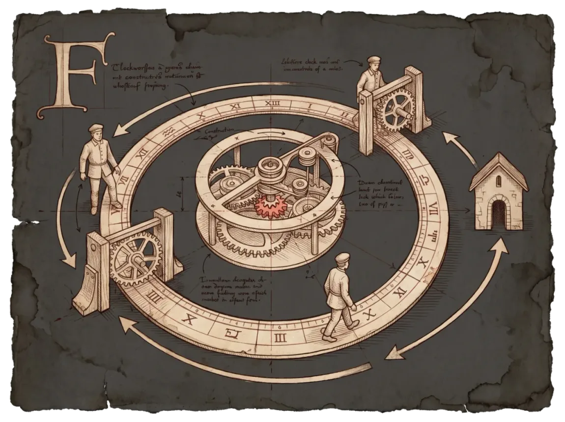 A notebook drawing of a customer returning along a circular track through a clockwork calendar.