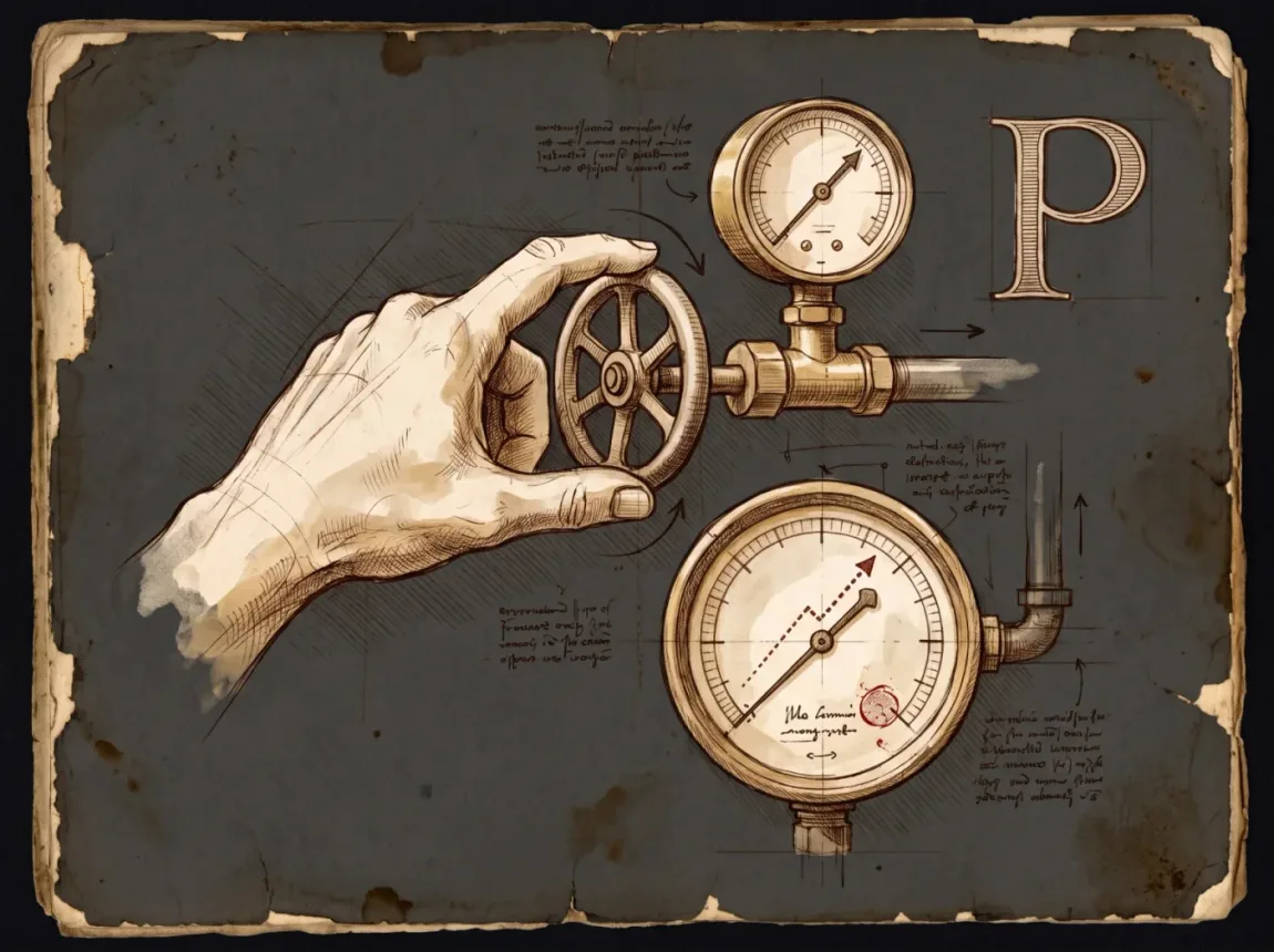 A notebook drawing of a hand turning a valve wheel while two gauges compare price and cost.