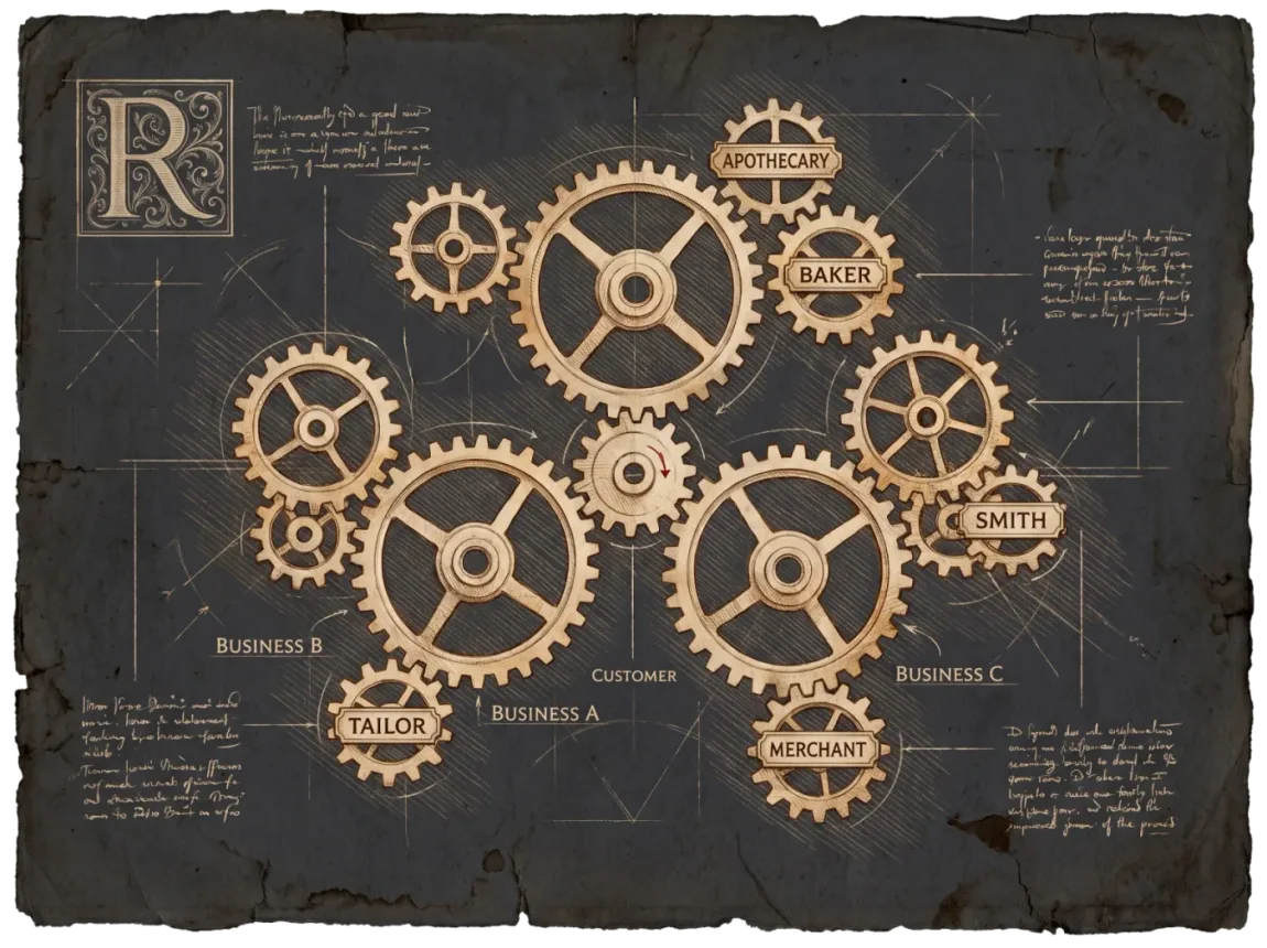 A notebook drawing of one small gear driving a widening train of gears, each a neighbouring trade.