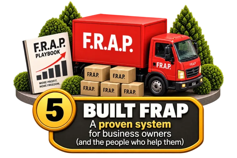 Badge 5, Built FRAP: the red FRAP truck, the playbook, and boxes of the system.
